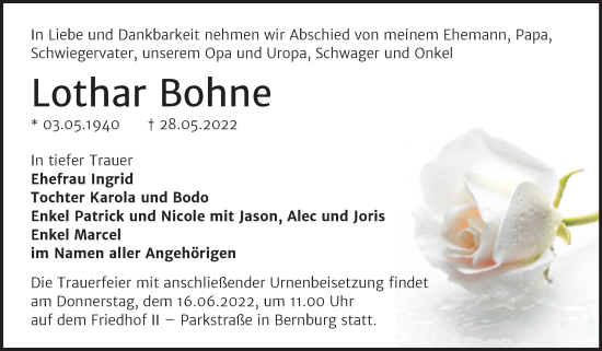 Traueranzeige von Lothar Bohne von Trauerkombi Bernburg