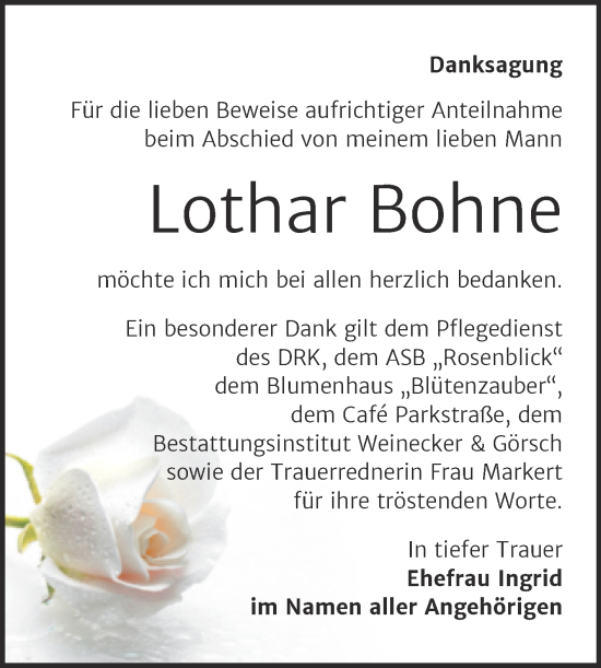 Traueranzeige von Lothar Bohne von Trauerkombi Bernburg