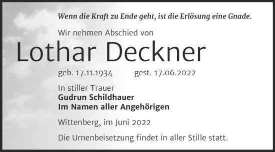 Traueranzeige von Lothar Deckner von Trauerkombi Wittenberg