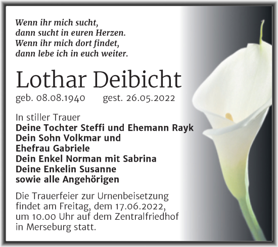 Traueranzeige von Lothar Deibicht von Trauerkombi Merseburg