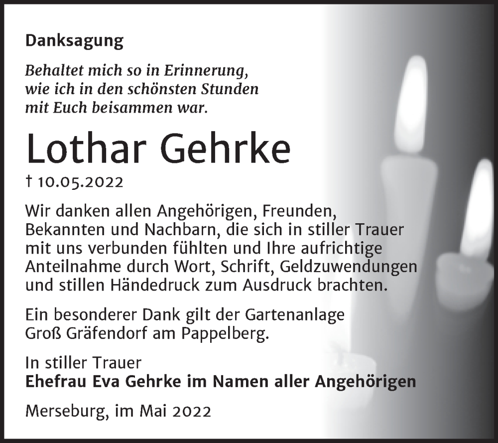  Traueranzeige für Lothar Gehrke vom 04.06.2022 aus Trauerkombi Merseburg