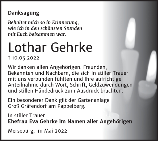 Traueranzeige von Lothar Gehrke von Trauerkombi Merseburg