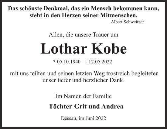 Traueranzeige von Lothar Kobe von Trauerkombi Dessau