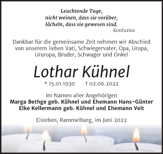 Traueranzeige von Lothar Kühnel von Trauerkombi Mansfelder Land