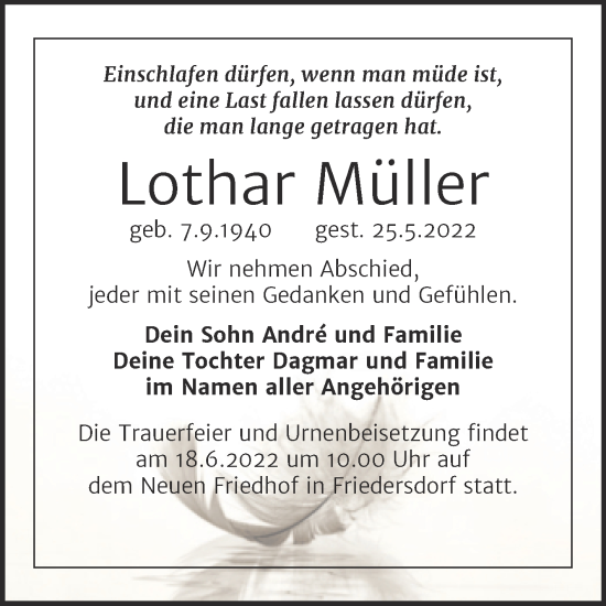 Traueranzeige von Lothar Müller von Trauerkombi Bitterfeld