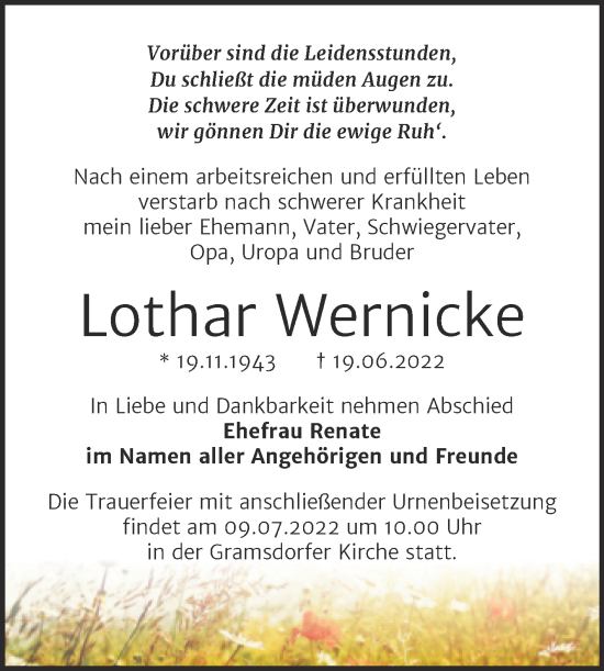Traueranzeige von Lothar Wernicke von Trauerkombi Bernburg