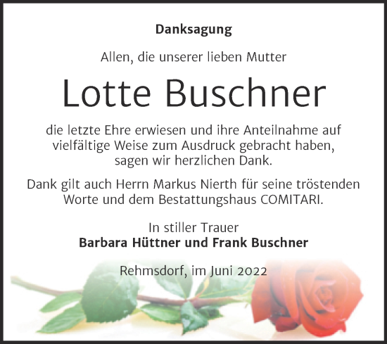 Traueranzeige von Lotte Buschner von Trauerkombi Zeitz