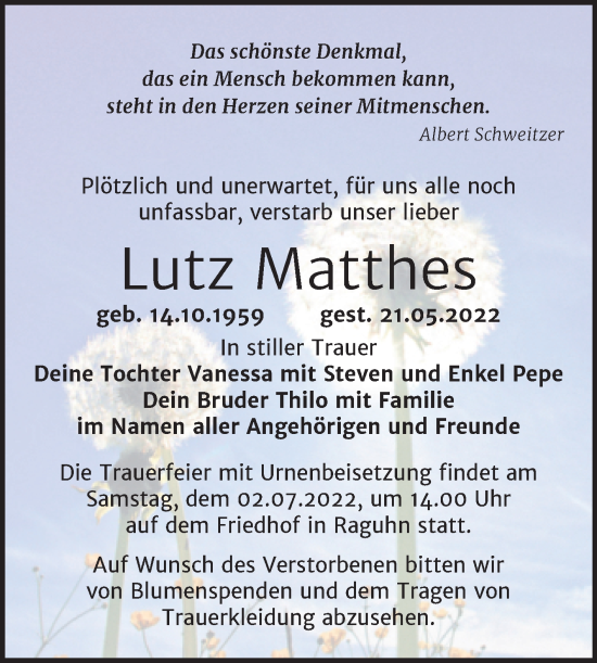 Traueranzeige von Lutz Matthes von Trauerkombi Bitterfeld