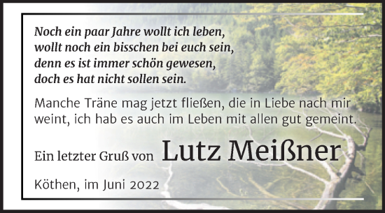 Traueranzeige von Lutz Meißner von Trauerkombi Köthen