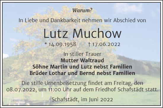 Traueranzeige von Lutz Muchow von Trauerkombi Merseburg