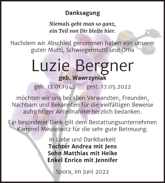 Traueranzeige von Luzie Bergner von Trauerkombi Zeitz