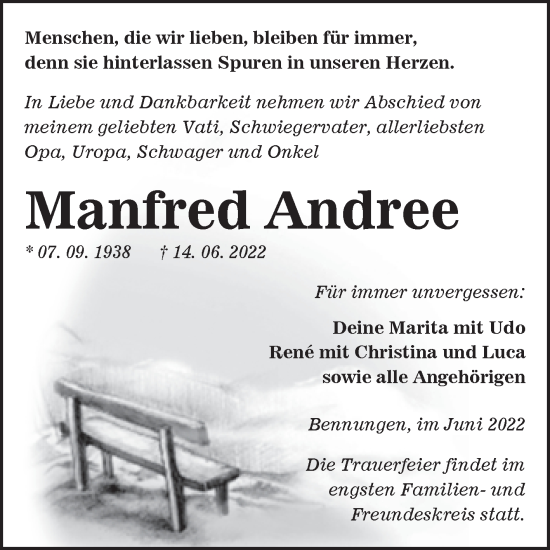 Traueranzeige von Manfred Andree von Trauerkombi Sangerhausen