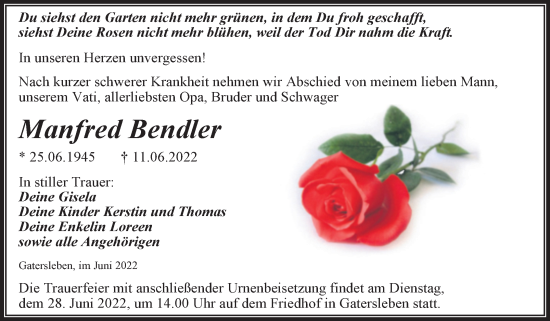 Traueranzeige von Manfred Bendler von Trauerkombi Aschersleben