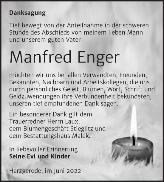 Traueranzeige von Manfred Enger von Trauerkombi Quedlinburg