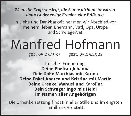 Traueranzeige von Manfred Hofmann von Trauerkombi Bitterfeld