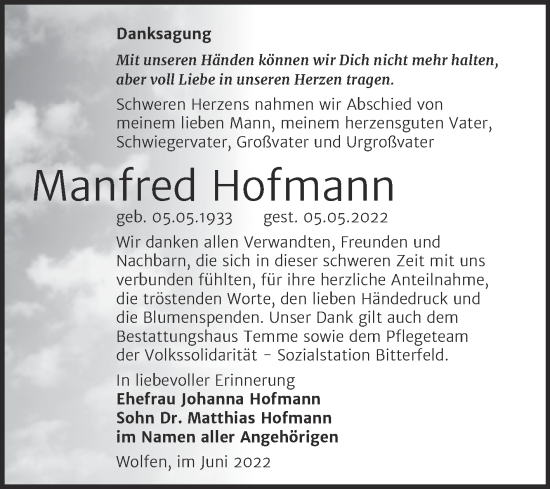 Traueranzeige von Manfred Hofmann von Trauerkombi Bitterfeld