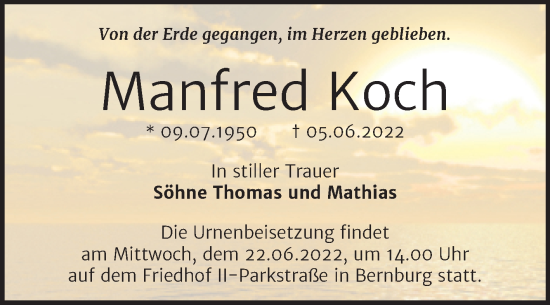 Traueranzeige von Manfred Koch von Trauerkombi Bernburg