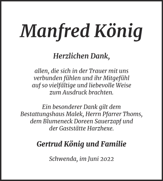 Traueranzeige von Manfred König von Trauerkombi Sangerhausen