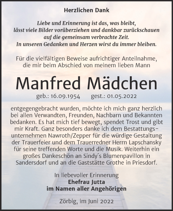 Traueranzeige von Manfred Mädchen von Trauerkombi Bitterfeld