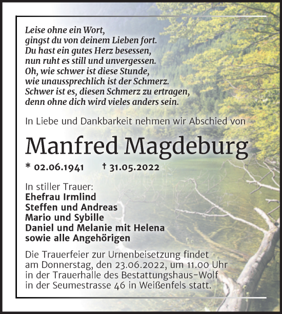 Traueranzeige von Manfred Magdeburg von Trauerkombi Merseburg