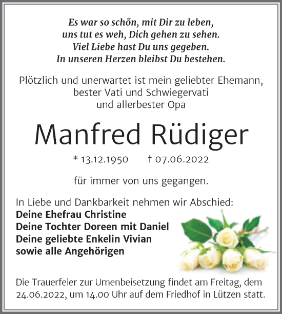 Traueranzeige von Manfred Rüdiger von Trauerkombi Weißenfels