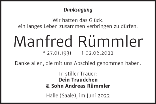 Traueranzeige von Manfred Rümmler von Mitteldeutsche Zeitung Halle/Saalkreis