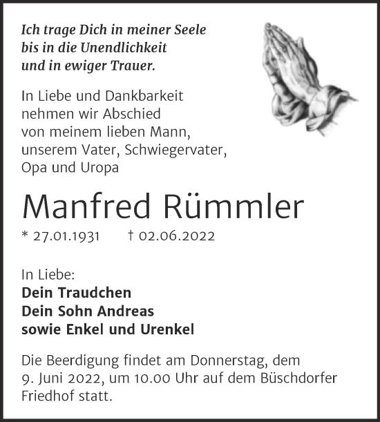 Traueranzeige von Manfred Rümmler von Mitteldeutsche Zeitung Halle/Saalkreis