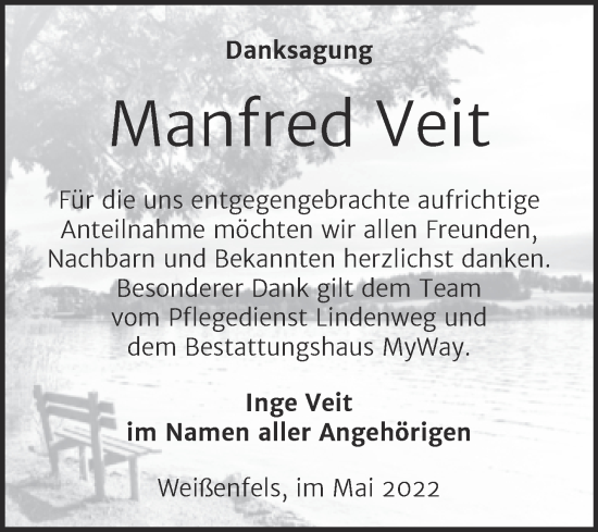 Traueranzeige von Manfred Veit von Trauerkombi Weißenfels