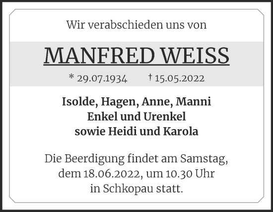 Traueranzeige von Manfred Weiss von Trauerkombi Merseburg