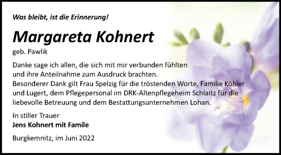 Traueranzeige von Margareta Kohnert von Trauerkombi Bitterfeld