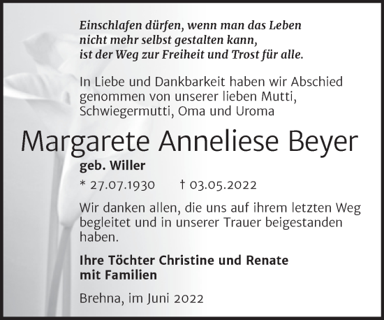 Traueranzeige von Margarete Anneliese Beyer von Trauerkombi Bitterfeld