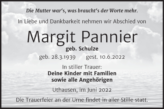 Traueranzeige von Margit Pannier von Trauerkombi Wittenberg