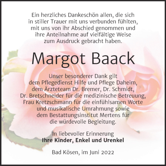 Traueranzeige von Margot Baack von Wochenspiegel Naumburg/Nebra