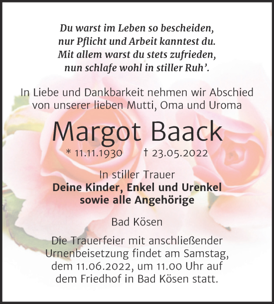 Traueranzeige von Margot Baack von Wochenspiegel Naumburg/Nebra