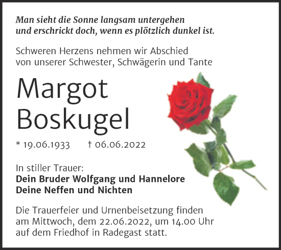 Traueranzeige von Margot Boskugel von Trauerkombi Dessau