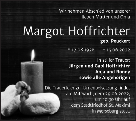 Traueranzeige von Margot Hoffrichter von Trauerkombi Merseburg