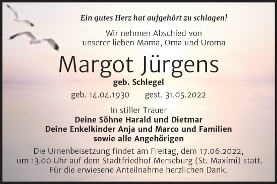 Traueranzeige von Margot Jürgens von Trauerkombi Merseburg