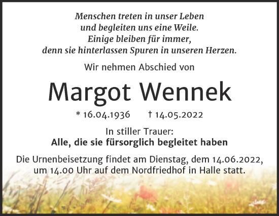 Traueranzeige von Margot Wennek von Mitteldeutsche Zeitung Halle/Saalkreis