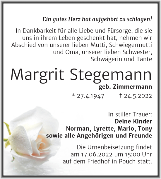 Traueranzeige von Margrit Stegemann von Trauerkombi Bitterfeld