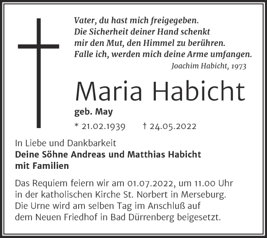 Traueranzeige von Maria Habicht von Trauerkombi Merseburg