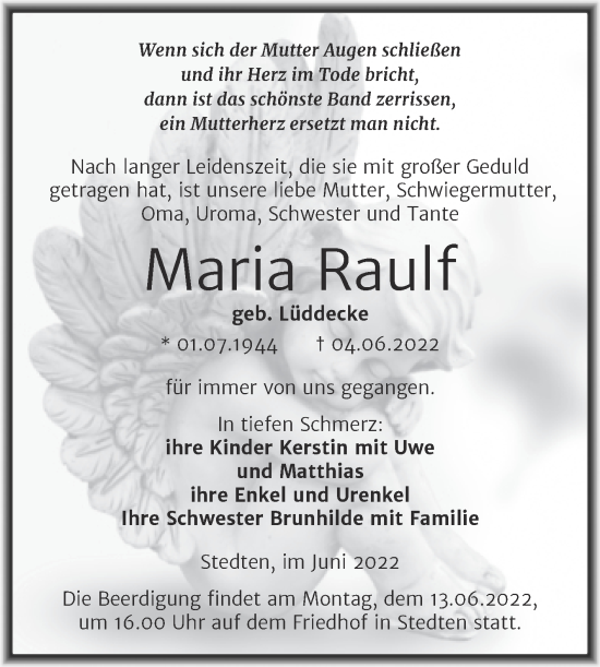 Traueranzeige von Maria Raulf von Trauerkombi Mansfelder Land