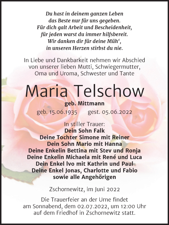 Traueranzeige von Maria Telschow von Trauerkombi Wittenberg