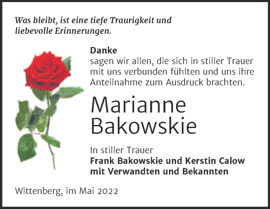 Traueranzeige von Marianne Bakowskie von Trauerkombi Wittenberg