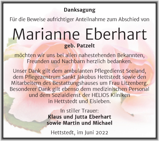 Traueranzeige von Marianne Eberhart von Trauerkombi Mansfelder Land