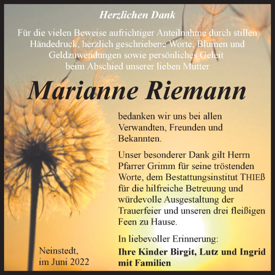 Traueranzeige von Marianne Riemann von Trauerkombi Quedlinburg