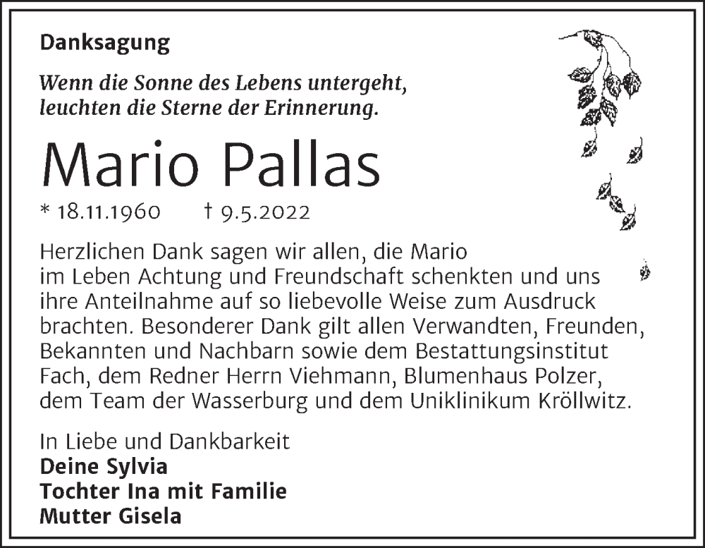  Traueranzeige für Mario Pallas vom 18.06.2022 aus Trauerkombi Merseburg