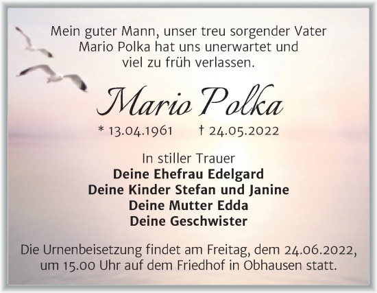 Traueranzeige von Mario Polka von Trauerkombi Merseburg