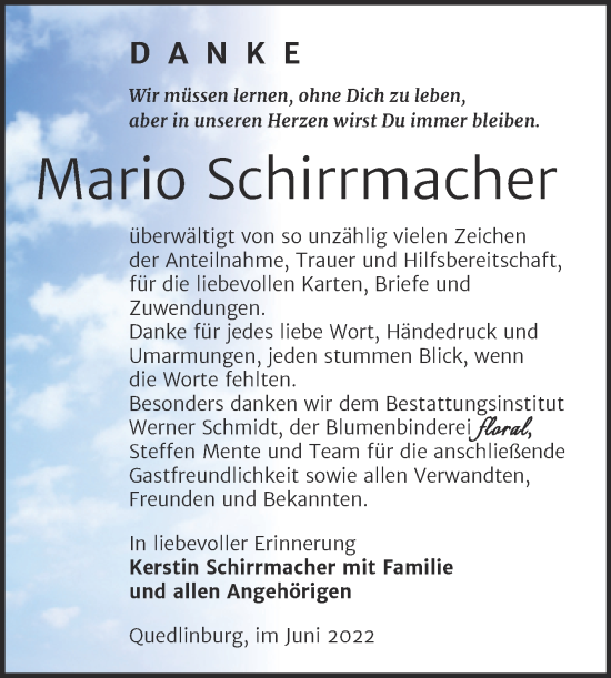 Traueranzeige von Mario Schirrmacher von Trauerkombi Quedlinburg