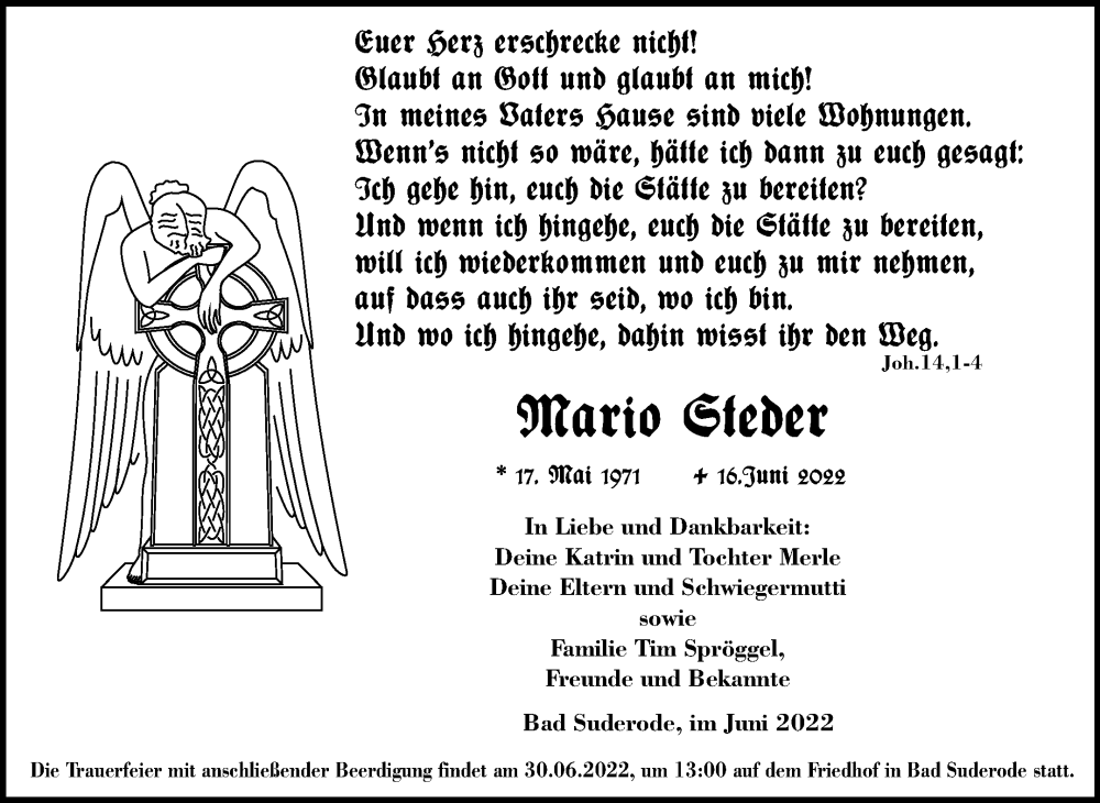  Traueranzeige für Mario Steder vom 25.06.2022 aus Trauerkombi Quedlinburg