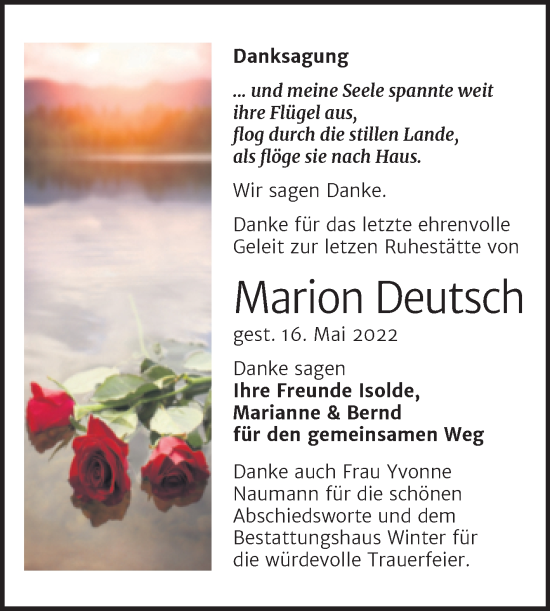 Traueranzeige von Marion Deutsch von Trauerkombi Bitterfeld